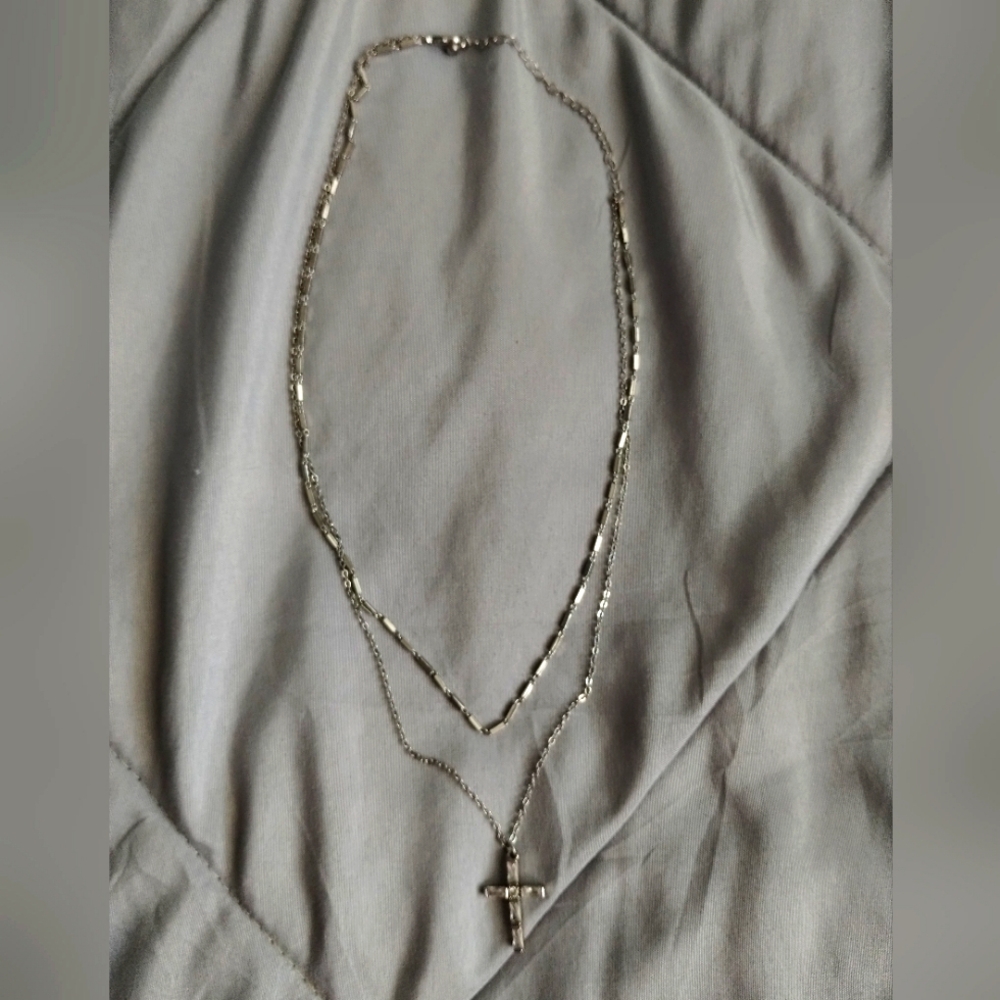 Two Layered Silver Cross Necklace - Picture 2 of 4